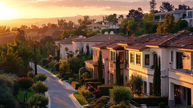 Fototapeta Luxurious homes in a sunset-lit neighborhood