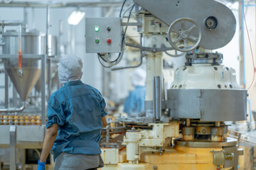 Industrial food production line with a worker ensuring process accuracy and safety Focus on automated systems precision and manufacturing hygiene.
