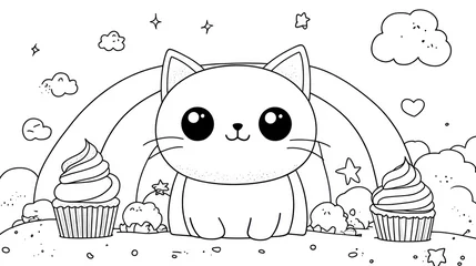 Cute cartoon cat coloring page with rainbow and cupcakes. Fluffy, big-eyed cat sits under rainbow, surrounded by cupcakes with whipped cream and stars.  Clouds and stars add to the whimsical scene