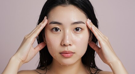 Fototapeta premium Young woman with short dark hair in a close-up portrait with wet skin and water droplets