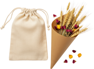 Natural Cotton Muslin Drawstring Pouch Dried Wheat Flower Bouquet