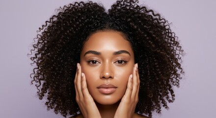 Female with curly hair and light brown complexion in a lavender studio portrait
