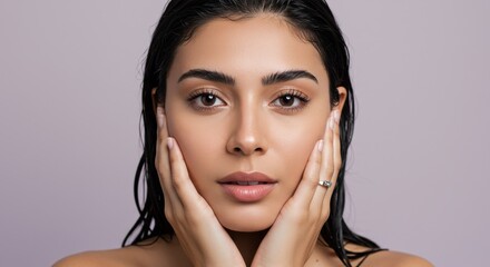 Young woman with dark hair and a ring on her right hand gazing directly into the camera