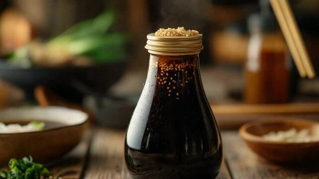 A glass bottle filled with dark sauce, topped with sesame seeds.