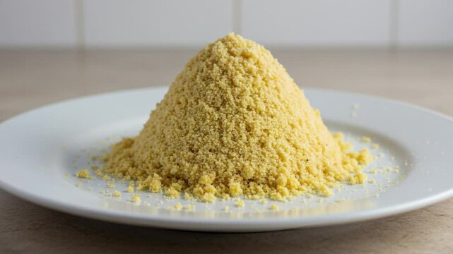 Traditional Brazilian farofa served on a ceramic plate over a light, neutral background. Crispy, golden cassava flour mixture with visible texture. Perfect for food-related content