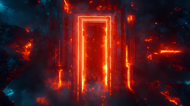 Luminous eruption of digital lava virtual realm abstract art night scene aerial perspective energy concept. [Corroded Realms] | Rust Altar | sacred corrosion. Illustration