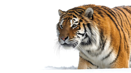 Obraz premium Majestic tiger prowling through a snowy landscape, showcasing its powerful physique and keen gaze
