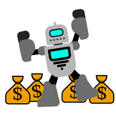 Excited Robot Celebrating Financial Success with Money Bags. illustration of a gray cartoon robot character design with a dollar symbol money bag, illustration of financial success and achievement