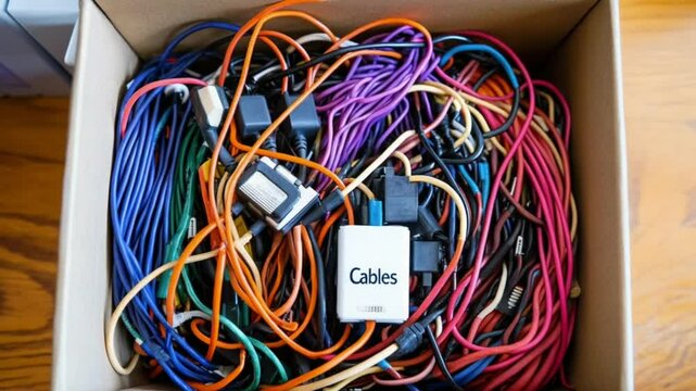 A chaotic mix of colorful tangled cables in a box.