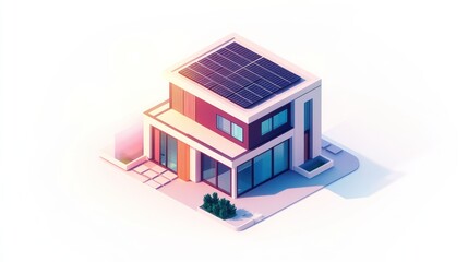 Modern solar house, isometric view, suburban setting, energy efficiency