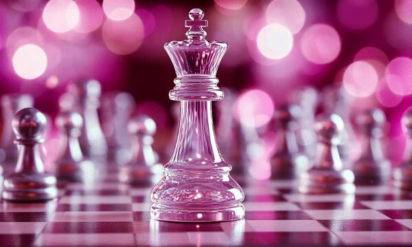Glass chess king ascends amidst gleaming bokeh reflections in dynamic chessboard display
