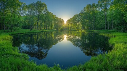 Serene Sunset Reflection on a Tranquil Forest Lake