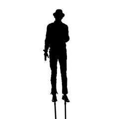 Solid black silhouette of a stilt walker towering, vector EPS