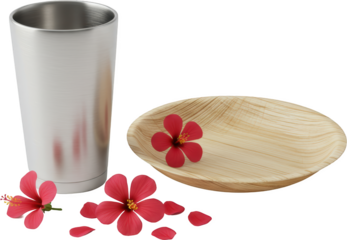 Elegant Still Life Stainless Steel Tumbler Palm Leaf Plate Hibiscus Flowers