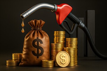 oil price money fuel cost economy gas station finance inflation energy market profit gold coins dollar bag fuel pump savings budget business cost fuel price rise economic impact concept