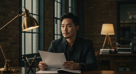 Man in dark suit reading document at desk in dimly lit industrial-style office