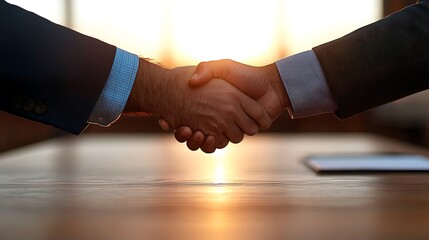Two Individuals Shaking Hands Across a Desk at Sunset