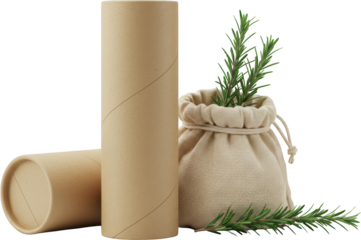 Eco Friendly Cardboard Tubes Packaging with Rosemary Herbs in Burlap Sack