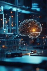 Futuristic Human Brain Vector with Technology and City Lights

