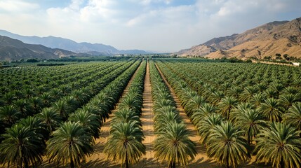 Vast palm tree plantation with mountains in the background, serene landscape.