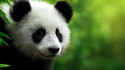 Close-up of a playful panda amidst lush green bamboo foliage in a serene natural habitat