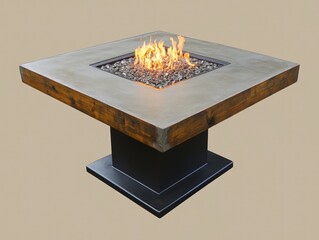 Square outdoor fire pit table with a top and a base showcasing burning flames and glowing embers in a serene setting.