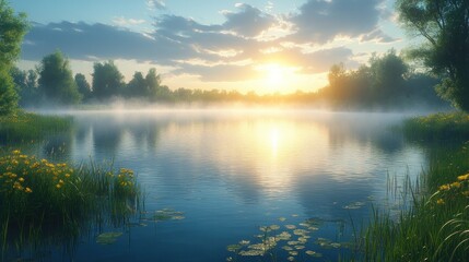 Obraz premium Misty Sunrise over Serene Lake