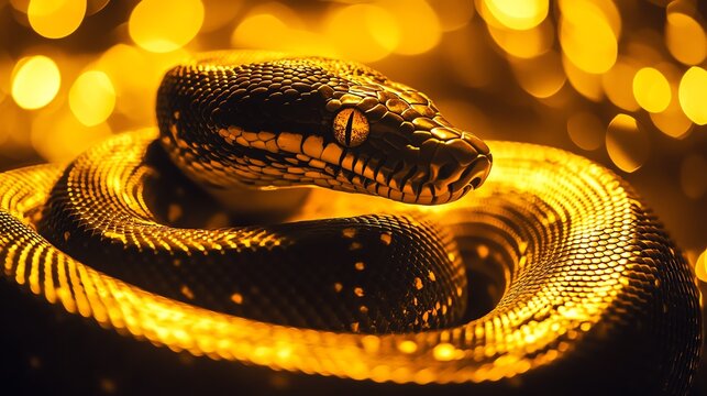 Close-up of a striking snake with golden scales against a blurred background.