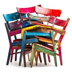 Colorful stacked chairs against a white isolate background.