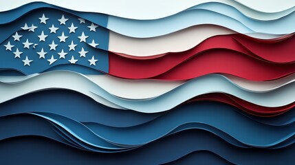 Abstract waves of red and blue featuring the United States flag, layered design.