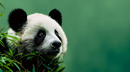 Fototapeta premium Close-up of a panda bear among bamboo leaves, set against a serene green background