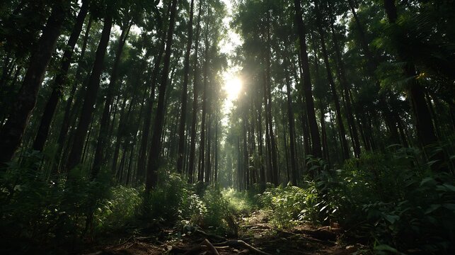  光が降り注ぐ静寂の森林小道