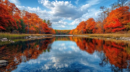 Obraz premium Autumnal Serenity: A Picturesque Lake Reflecting Vibrant Fall Foliage