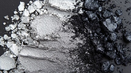 Metallic silver and graphite eyeshadow powders blend together for an elegant beauty aesthetic. generative ai