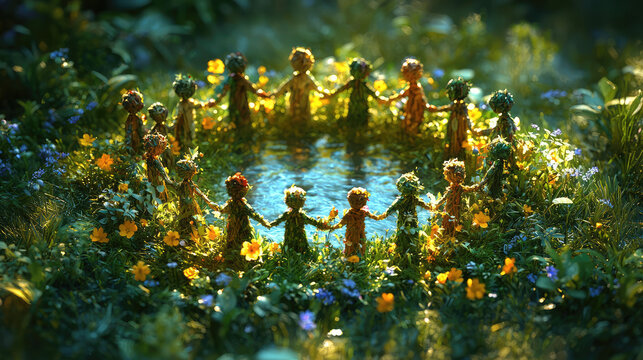 A circle of small figures, hand-in-hand, surrounding a tranquil pond in a lush, floral setting