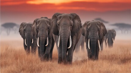 Fototapeta premium Elephants herd sunset savanna