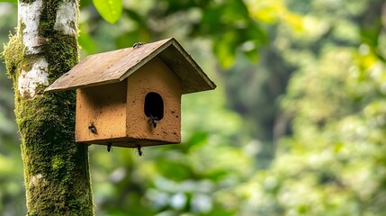 Wooden Birdhouse on Tree with Insects
