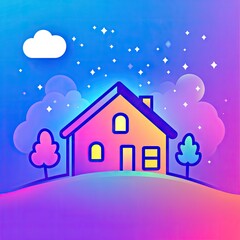 Naklejka premium Cozy house, night scene, starlit sky, peaceful landscape, children's illustration