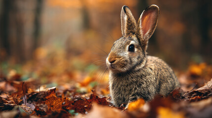 Fototapeta premium A serene rabbit sitting among colorful autumn leaves in a tranquil forest setting