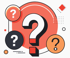 Large white question mark dominates with smaller colorful circular question marks surrounding it on white