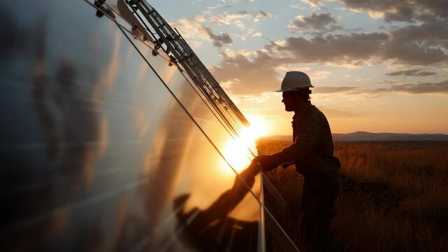 Technician inspecting solar panels for alternative energy in field at sunset with dramatic sky and bright sun glare