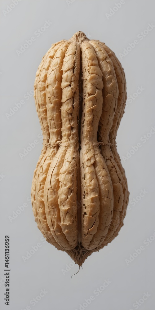 Poster close-up view of a peanut shell, detailing grooves. fibrous texture is visible and magnified. brown 