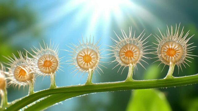 Sunlit greenery: timelapse of spiky seed pods glistening on vibrant vine