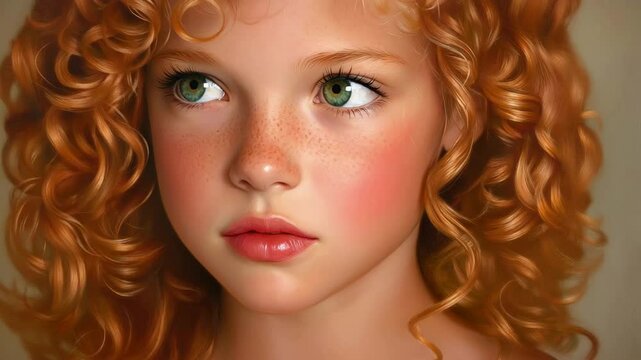 Timelapse of curlyhaired girl expressing curiosity and wonder with rosy cheeks