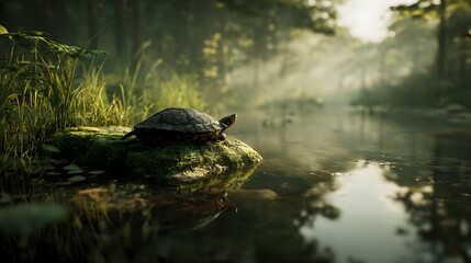 Obraz premium 静かな川辺で日光浴をするカメ