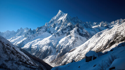 A majestic snow capped mountain peak rises dramatically against a clear blue sky, surrounded by rugged terrain in the winter landscape of the mountains region.
