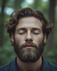 Serene image of a handsome man with a beard and long hair practicing relaxation outdoors in nature, reflecting peace, meditation, and emotional well-being


