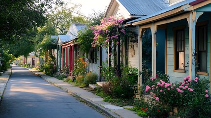 Colorful houses line a tranquil neighborhood street.