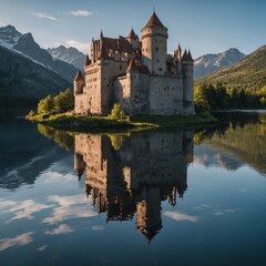 Naklejka premium A castle reflecting perfectly in a still lake.