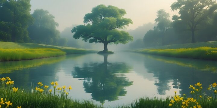 Serene misty morning river with green trees, vibrant yellow grass, and calm reflective water in a soft-focus natural setting ideal for calm, relaxation, and nature themes


